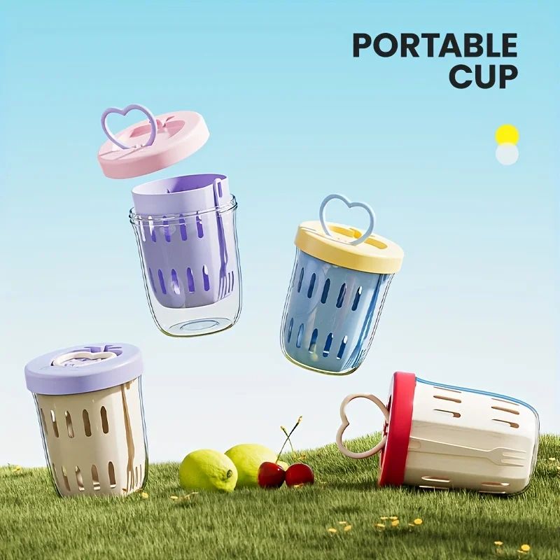FreshDrop Double-Layer Fruit Cup with Fork - Leak-Proof fruit snack cup for On-the-Go Eating