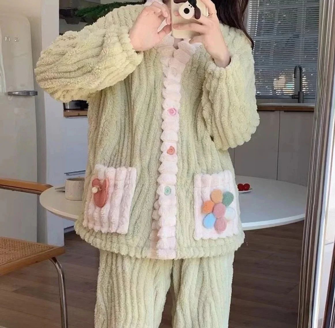 Women Thick Warm Flannel Winter Pajama Set with Cardigan