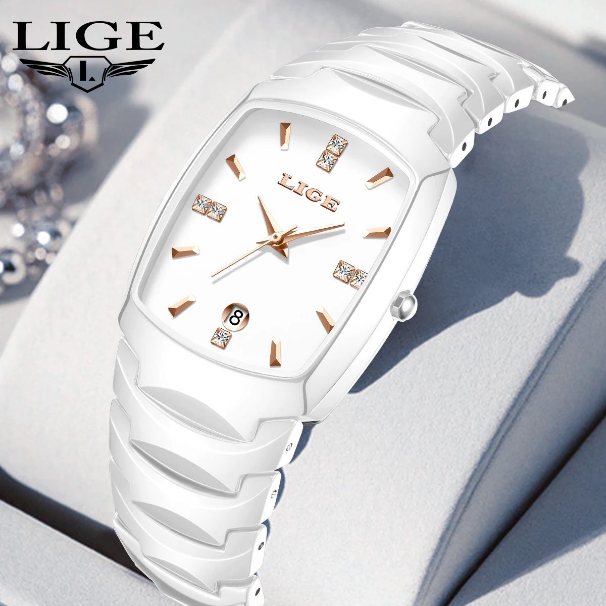 LIGE Elegant Square Women's Quartz Watch – Luxury Ceramic Stainless Calendar Ladies Wristwatch