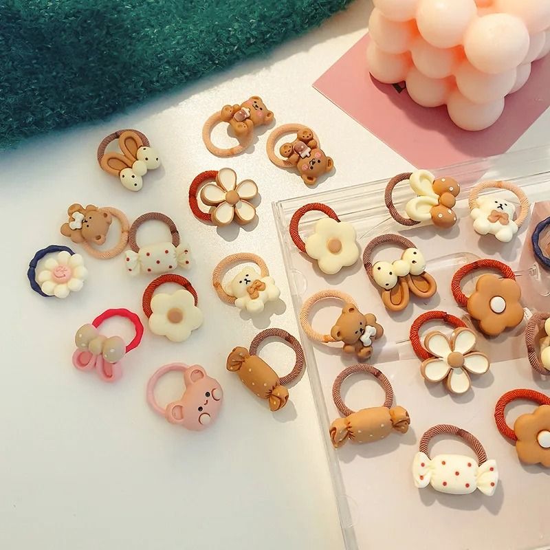 10-Piece Baby & Toddler Hair Tie Set – No-Hurt Elastic Mini Scrunchies with Cute Cartoon Bears, Rabbits & Flowers