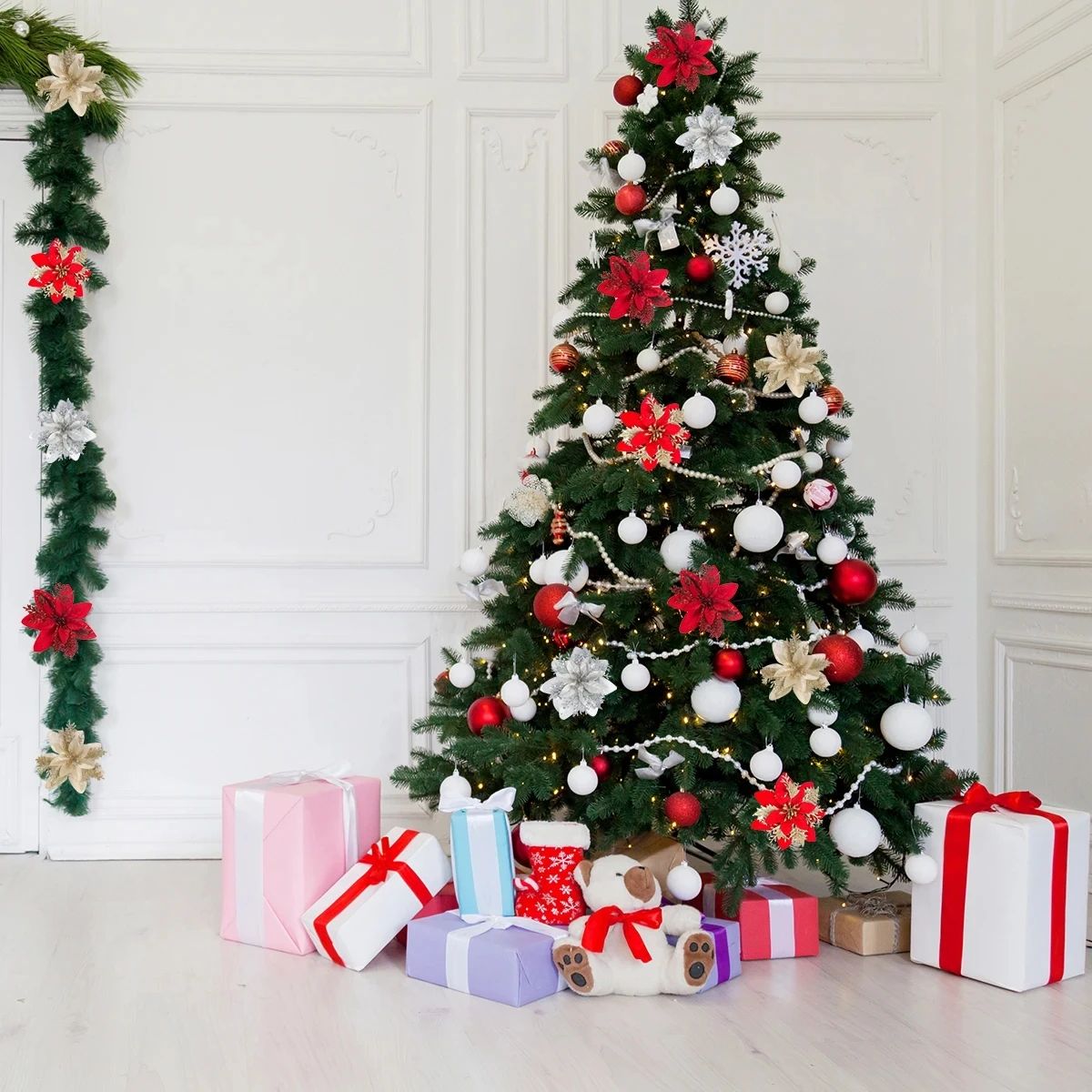 Glitter Pink Poinsettia Christmas Tree Flowers Set 5pcs