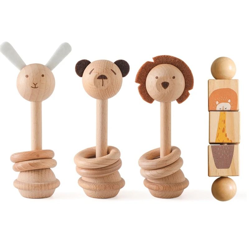 Montessori Wooden Animal Rattle & Teether – Cartoon Rabbit & Crocodile Puzzle Game