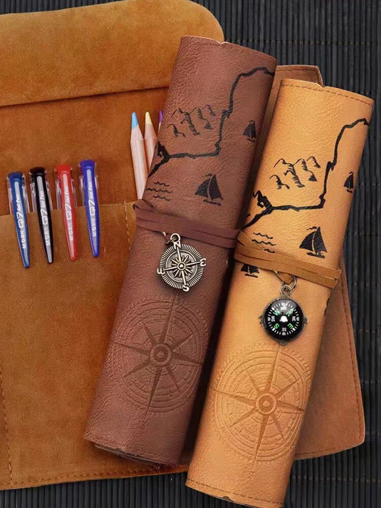 Creative Retro Leather Pencil Case Large Capacity Treasure Map Roll Pencil Bag with Embossed Buckle