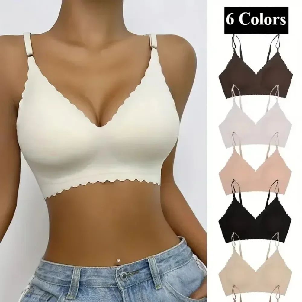 Women's Ice Silk Seamless Wire-Free Padded Bra with Wavy Edge Comfortable Support