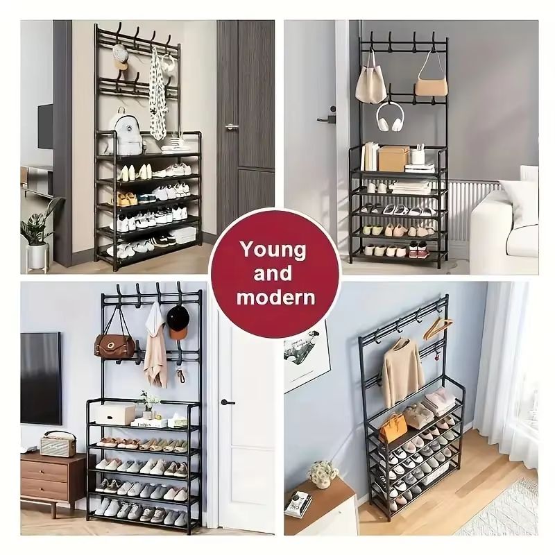 Freestanding Entryway Coat Rack With Shoe Shelves and Hooks for Hallway Storage