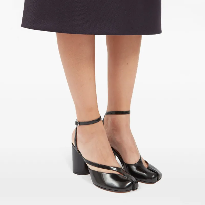 Elegant Designer Split Toe Patent Leather Chunk Heeled Sandals, Womens Fashion Buckle Pumps & Mary Jane High Heels