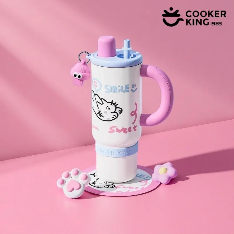Cooker King Cute Insulated Travel Mug with Straw – Stainless Steel Thermos Cup 1.2L