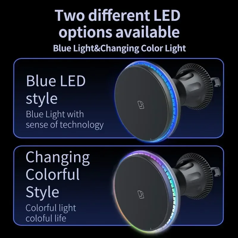 Magnetic Wireless Car Charger Stand with RGB LED Light Fast Charging Station