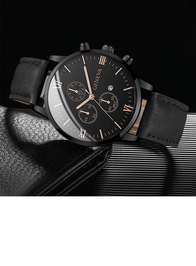 Mens Casual Leather Quartz Watch with Calendar