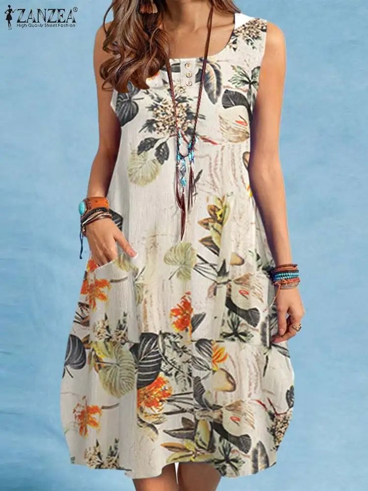 Bohemian Sleeveless Floral Sundress with Side Pockets