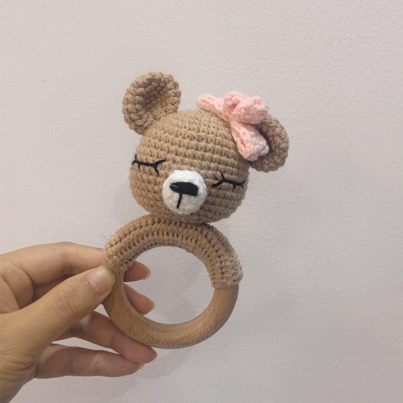 Long Ear Bunny Baby Rattler Safety Wooden Teether Mobile Crib Bell Teething Toy