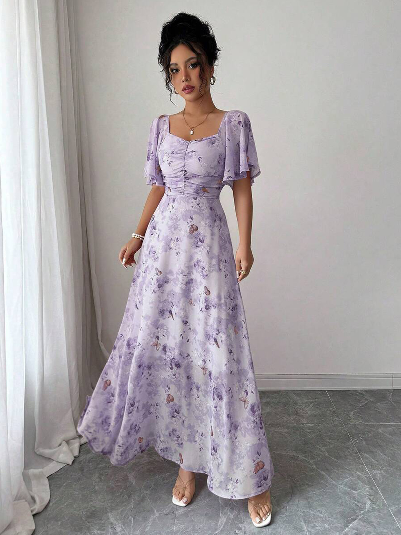 Womens Sweet French Style Mini Dress, Purple Butterfly Print, Batwing Sleeves Back Zipper Elegant Chic