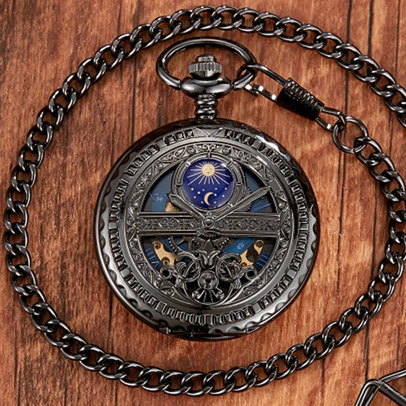Mechanical Pocket Watch Star and Moon Phase Skeleton Design