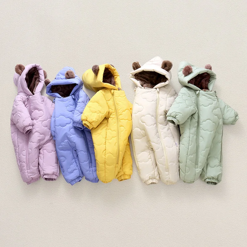 Toddler Baby Girl Boy Snowsuit Thickened Fleece Lined Hooded Romper Double Layer 0-2Y Cute Bear Ears Winter Warm