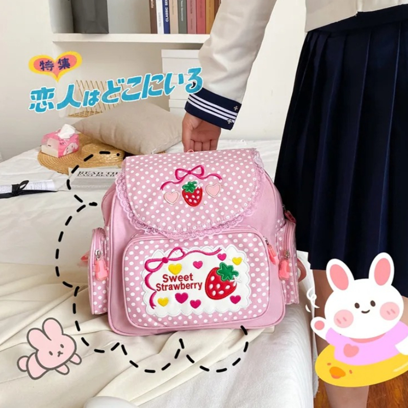 Strawberry Embroidered Girls School Backpack Cute Pink Kids Book Bag