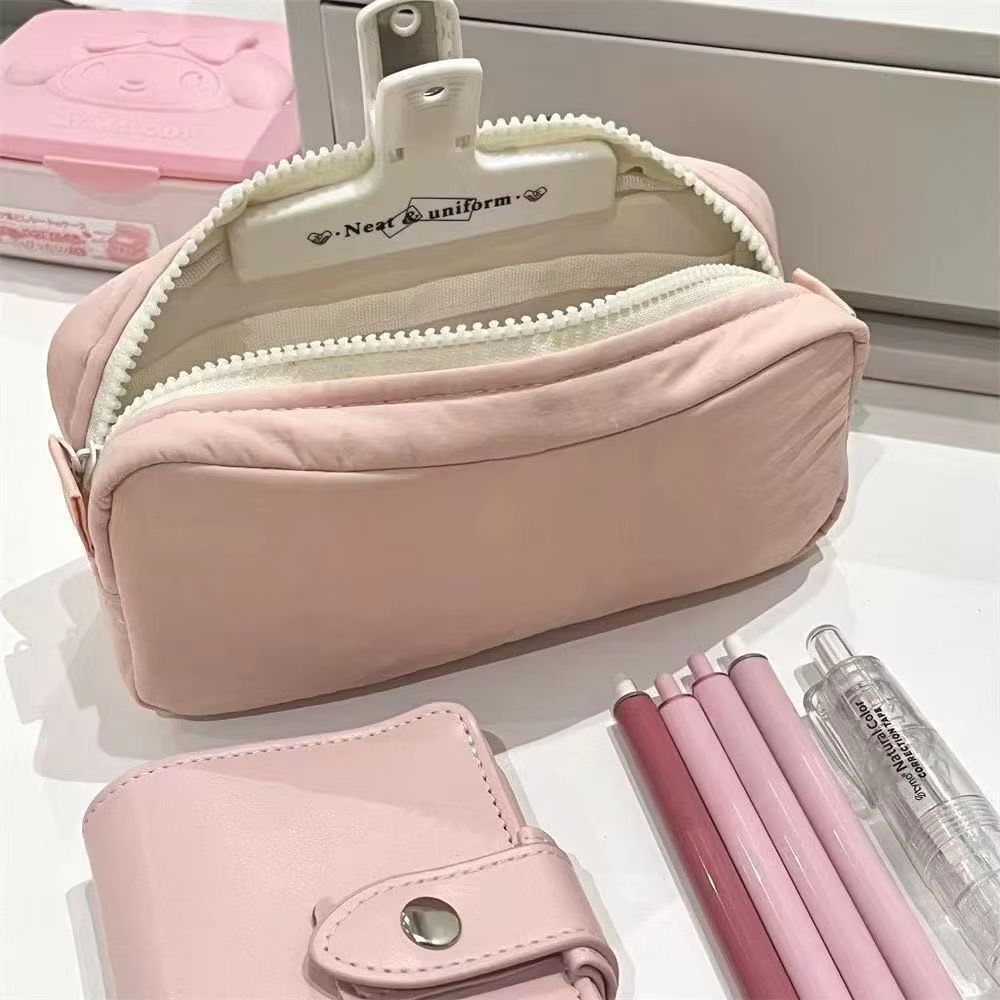Simplicity Solid Color Large Capacity Pen Bag with Zipper Portable Stationery Pouch