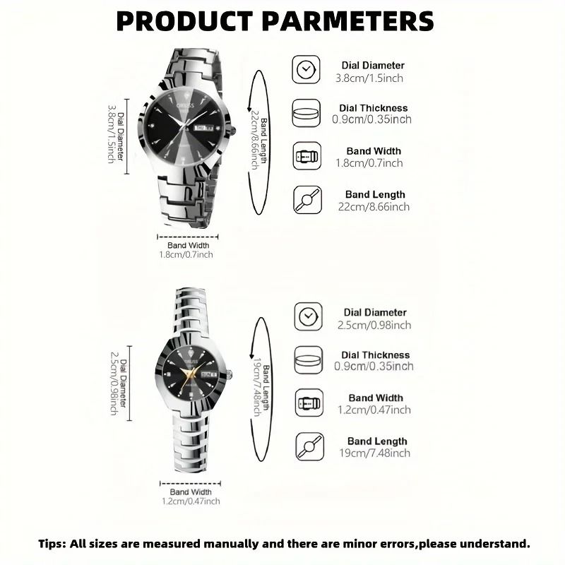 Tungsten Steel Quartz Watch with Calendar Unisex Couple Watch