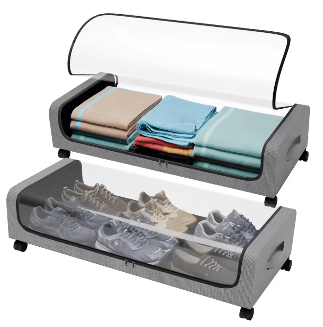 2 Pack Under Bed Storage Box with Wheels Large Capacity Rolling Storage Bin with Clear Window and Handles