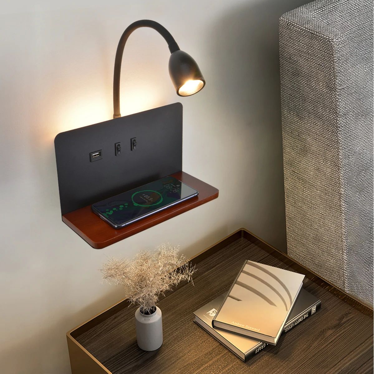 360° Rotatable USB And Wireless Charging LED Wall Lamp