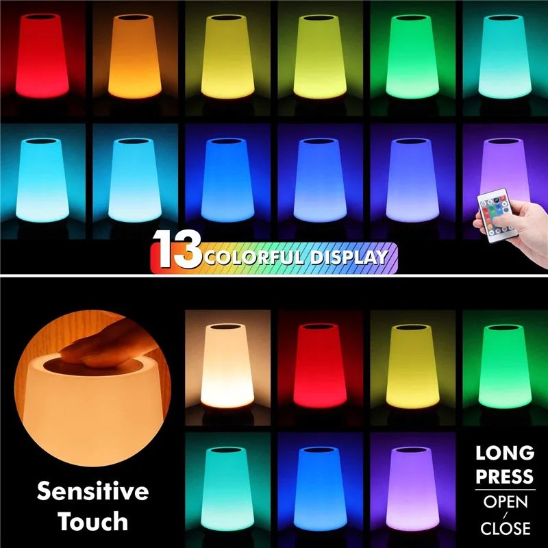 13-Color RGB Night Light USB Rechargeable Table Lamp, Remote Control Touch Dimmable Bedside Light for Bedroom Nursery