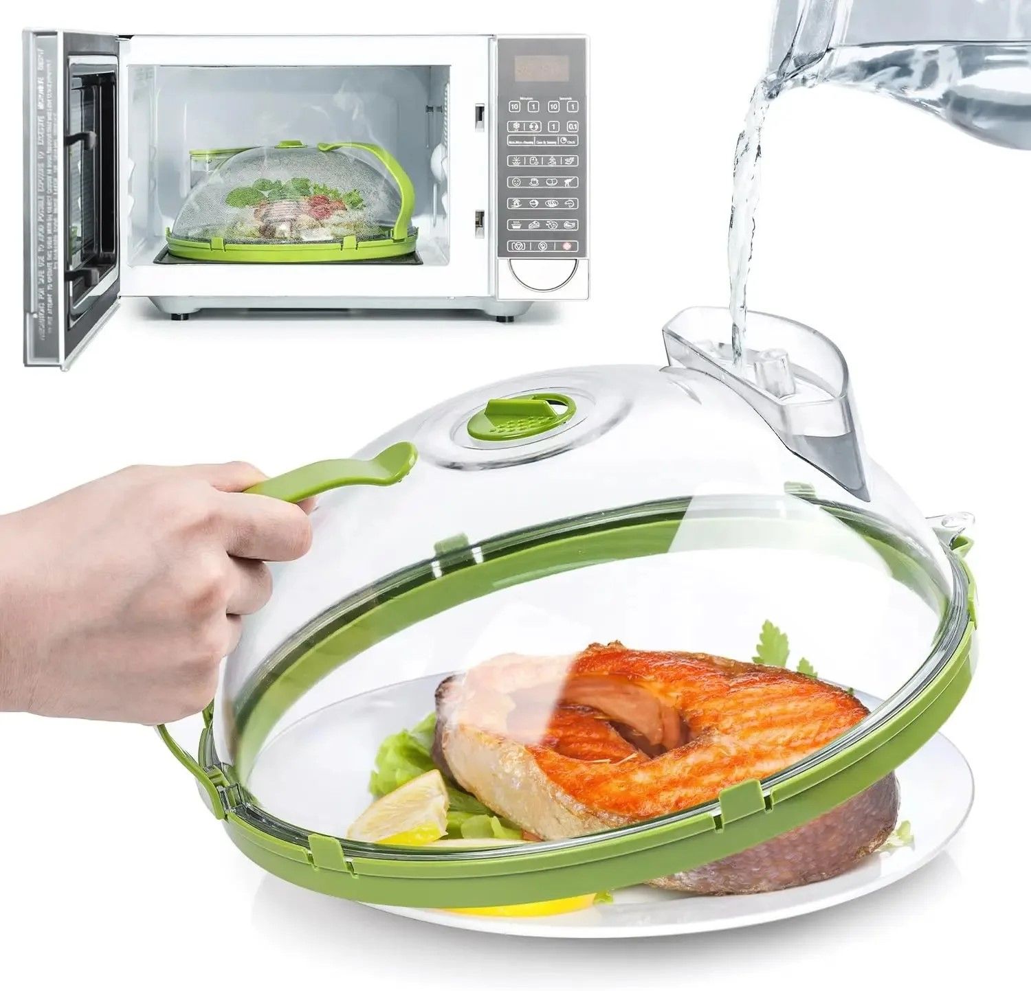 MoistGuard Clear Microwave Splatter Cover with Built-in Water Steamer & Handle – Clear Plate Shield