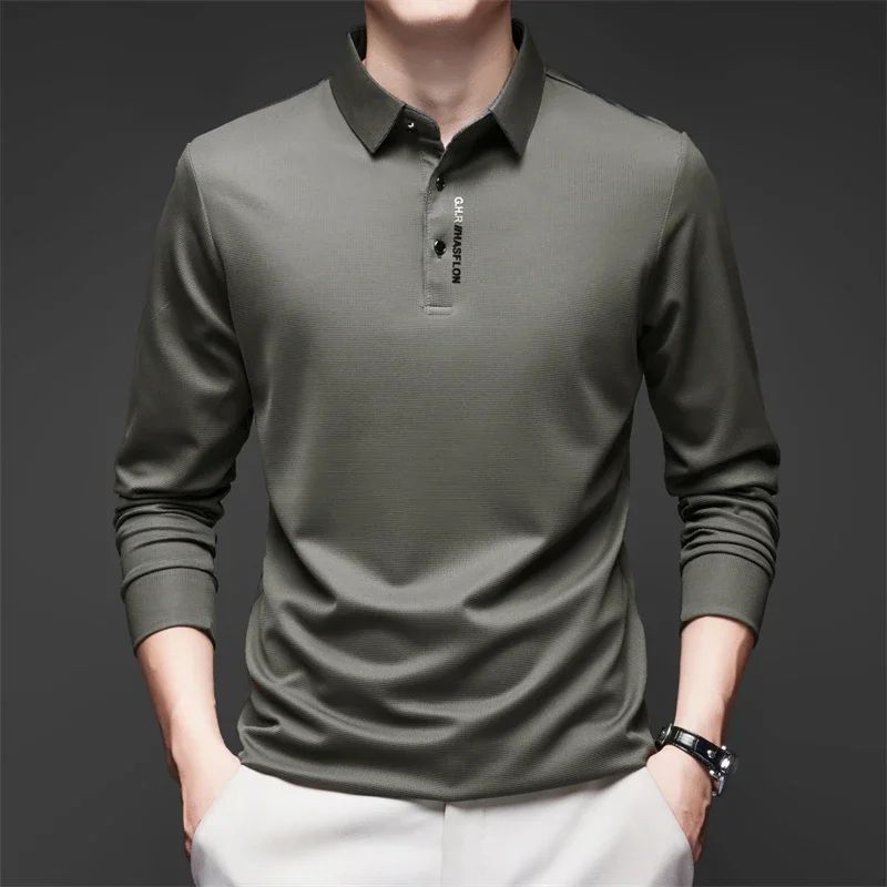 Men's Solid Polo Shirt – Long Sleeve Business Casual Polo with Badge, Anti-Wrinkle Breathable Shirt