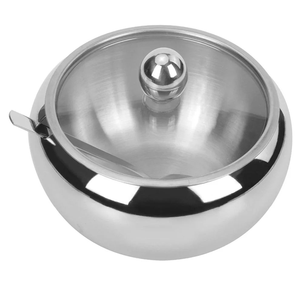 Large Stainless Steel Sugar Bowl with Lid and Spoon