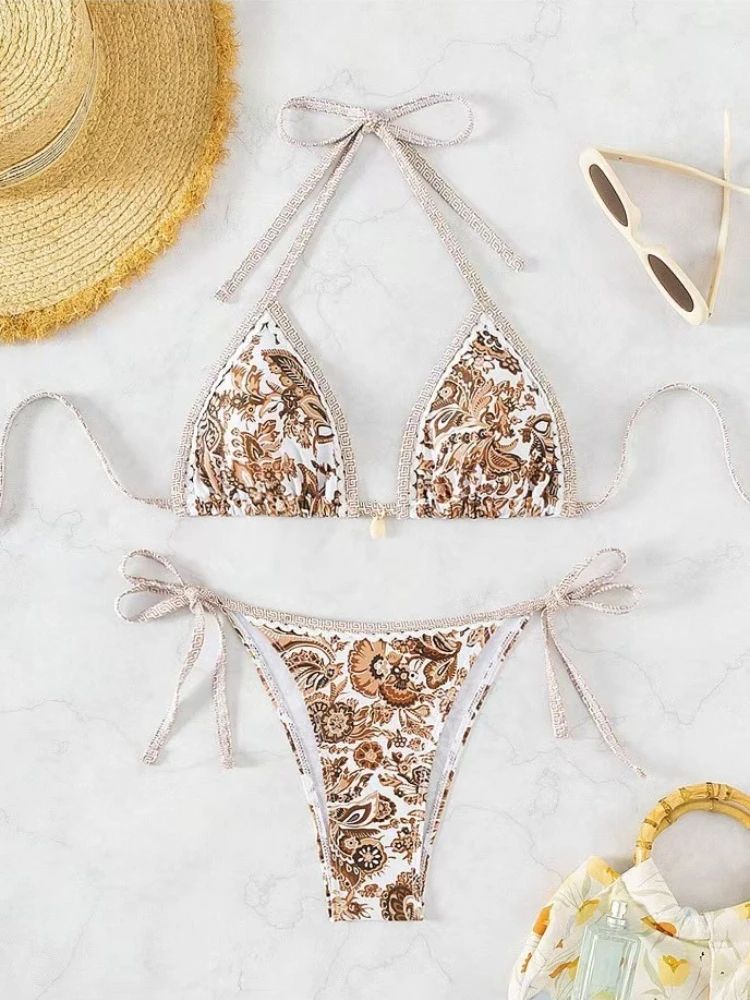 European American Printed Split Bikini Set Sexy Strap Swimsuit