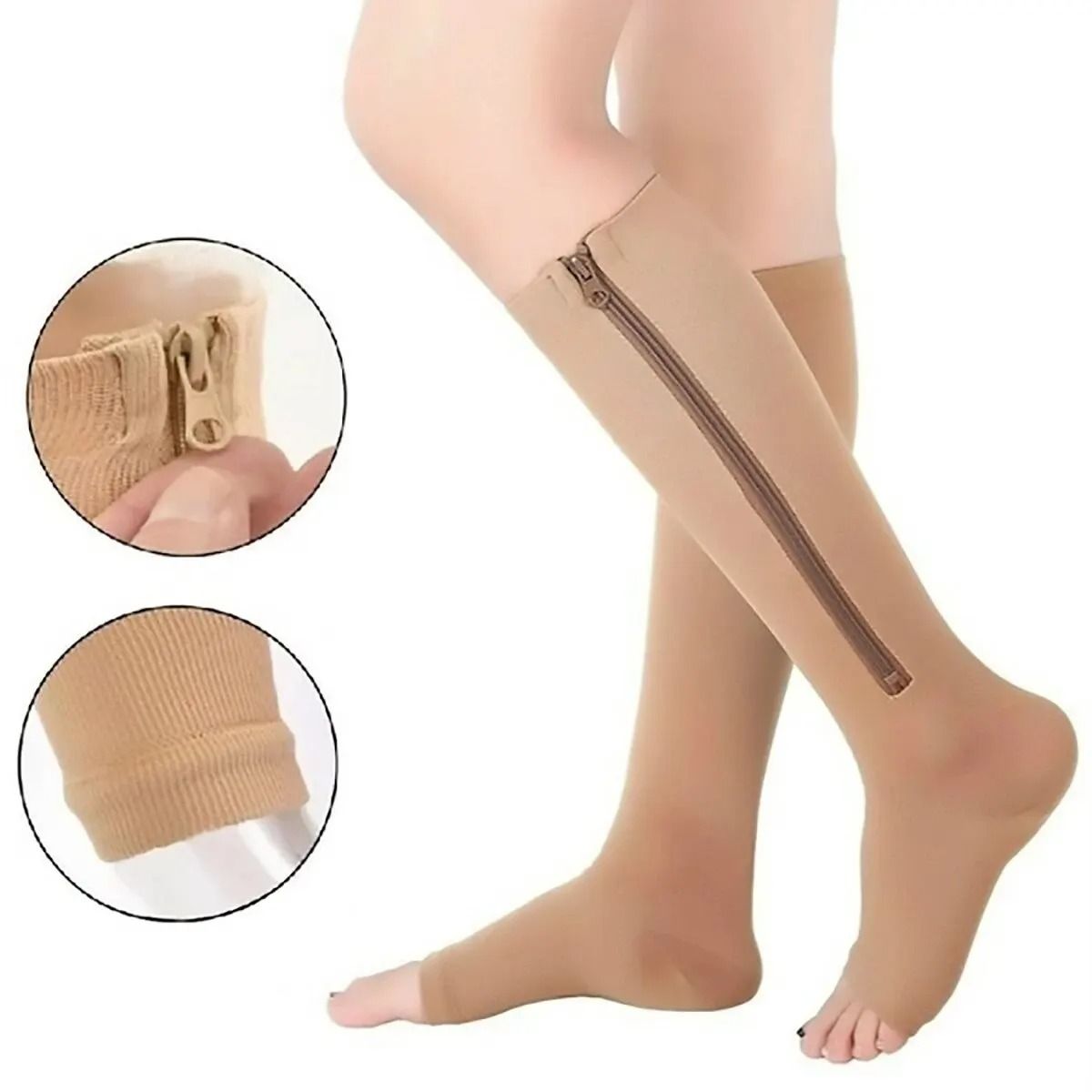 Compression Knee Support Socks with Zipper and Open Toe Design for Comfortable All Day Relief