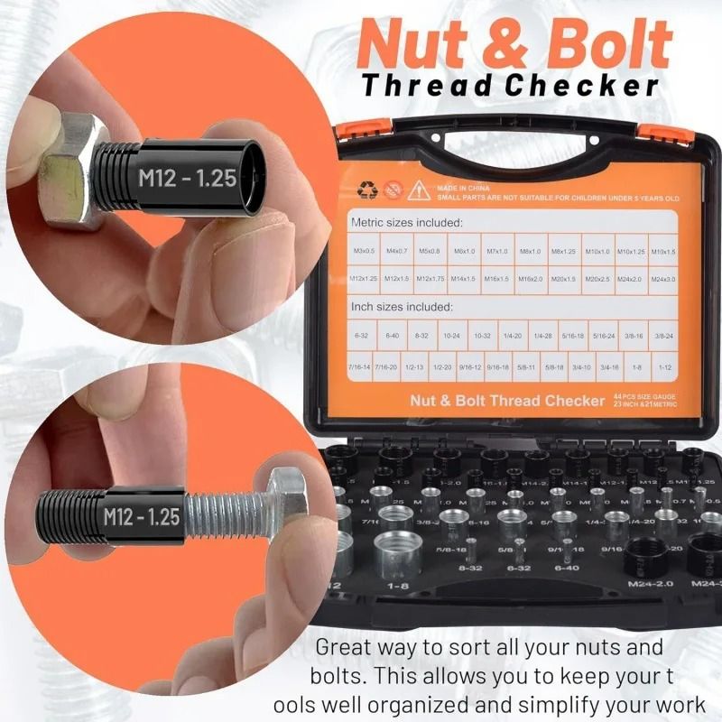 Nut Bolt Thread Checker Inch Metric Size Identifier Male Female Gauges 26 or 44 Piece Set for Garage and Workshop