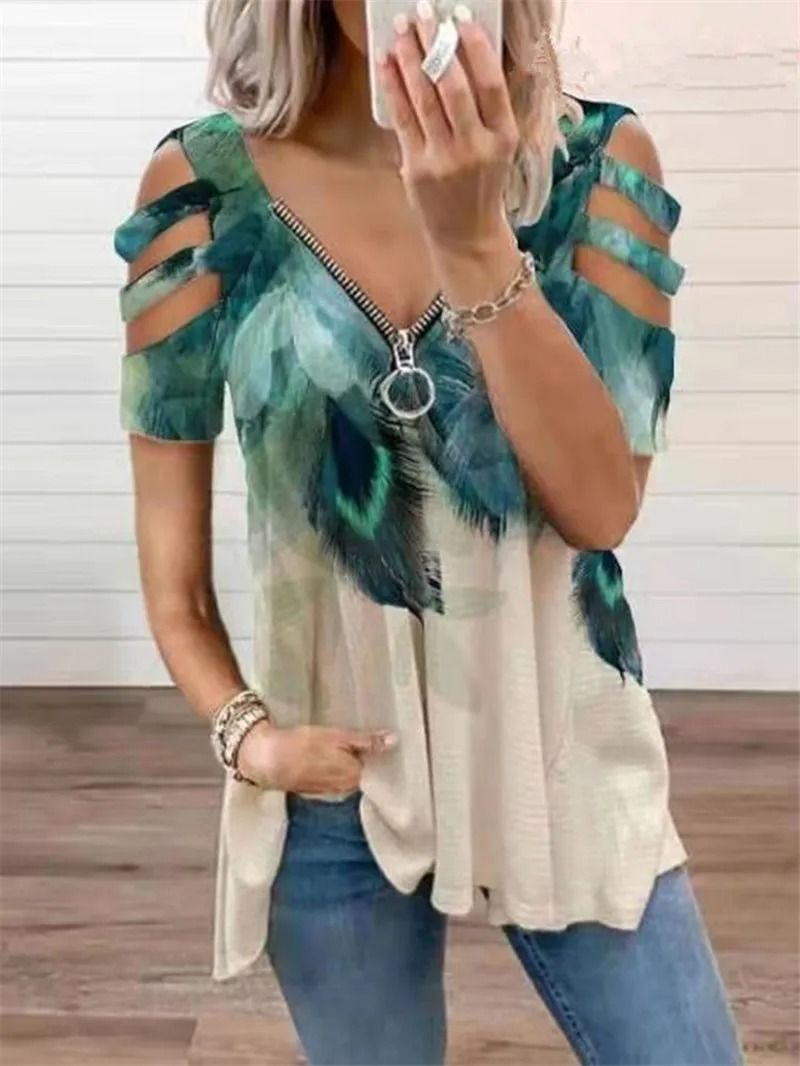 Summer Cold Shoulder Leopard Print Zipper V Neck Loose Casual Blouse