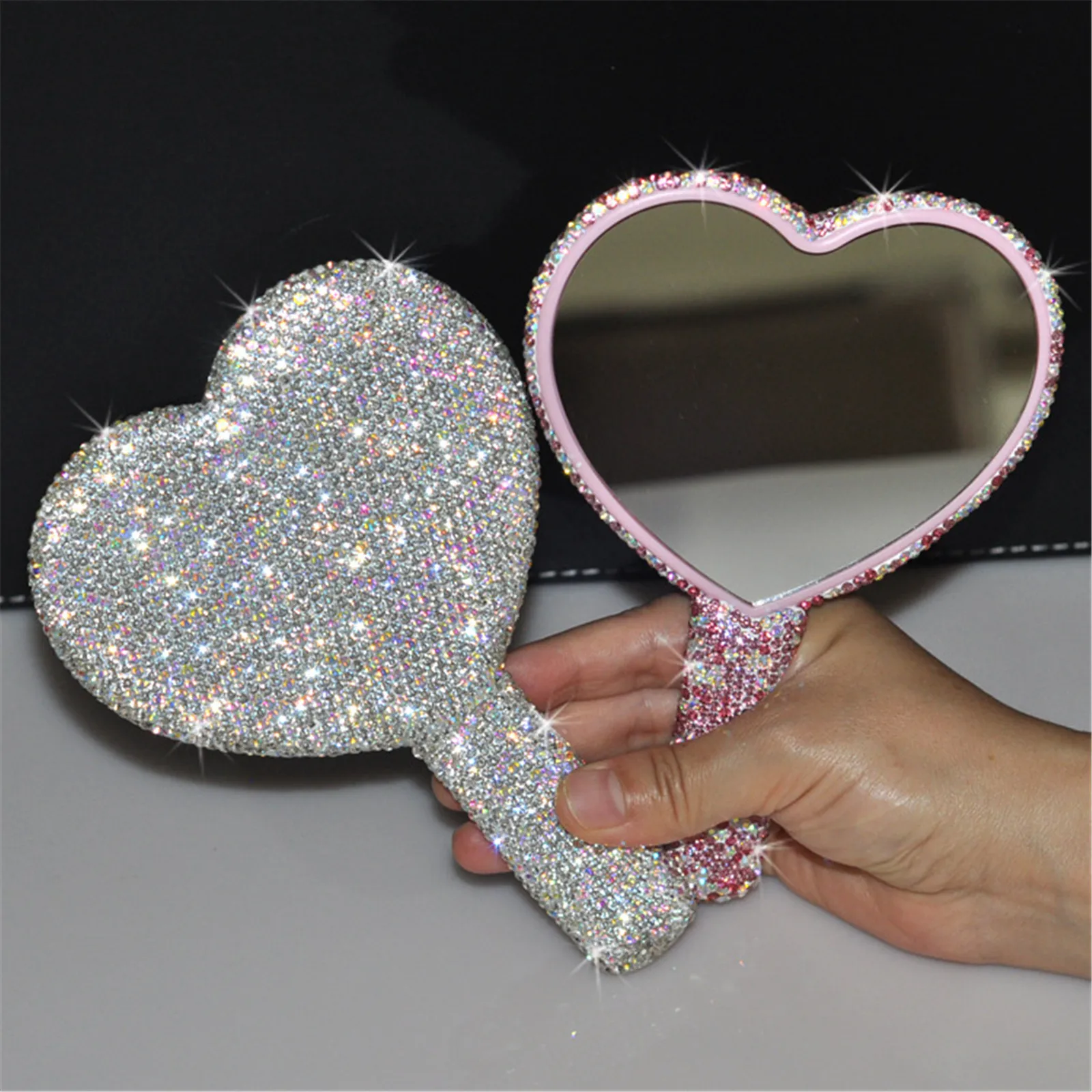 Love Heart Diamond Handheld Makeup Mirror Cosmetic Vanity Tool for Girls