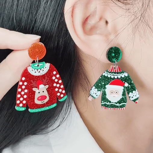 Festive Christmas Sweater Earrings Acrylic Santa and Snowflake Holiday Dangle Earrings