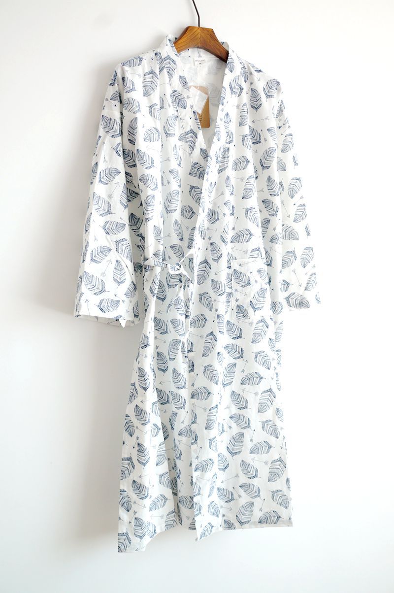 Men's Hooded Cotton Gauze Robe, Thin Yukata Kimono Pajamas, V-Neck Cotton Bathrobe
