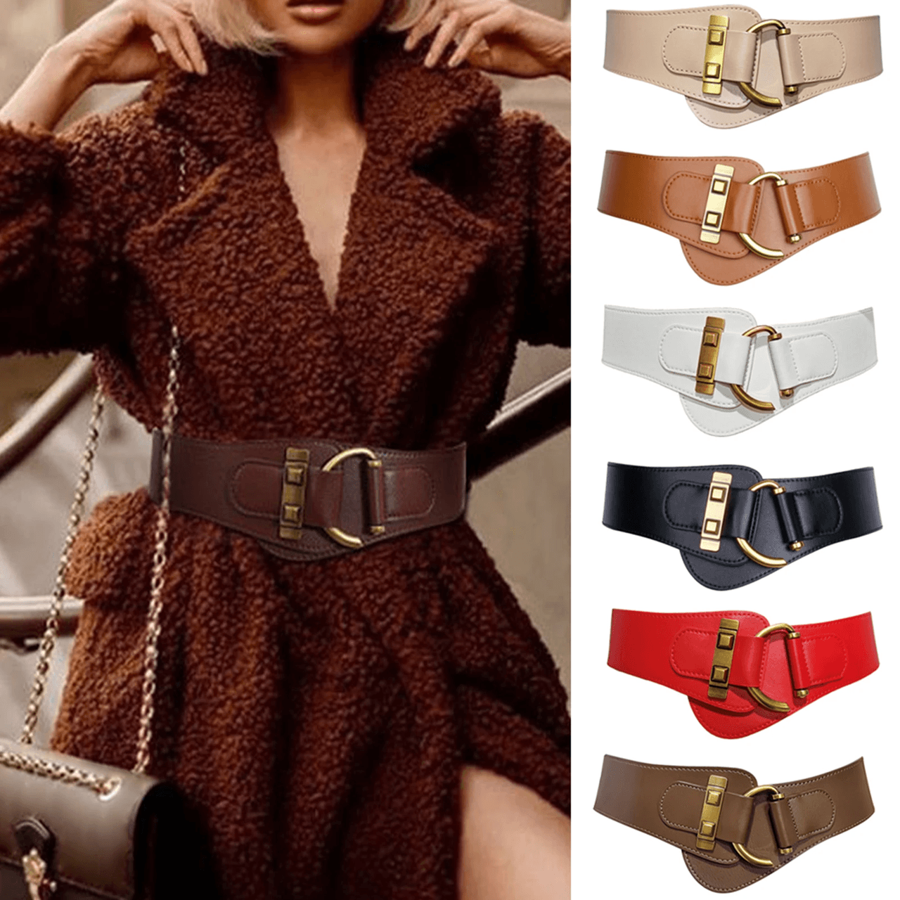 Classic Gold Buckle Leather Belt Adjustable Womens Fashion Waist Belt