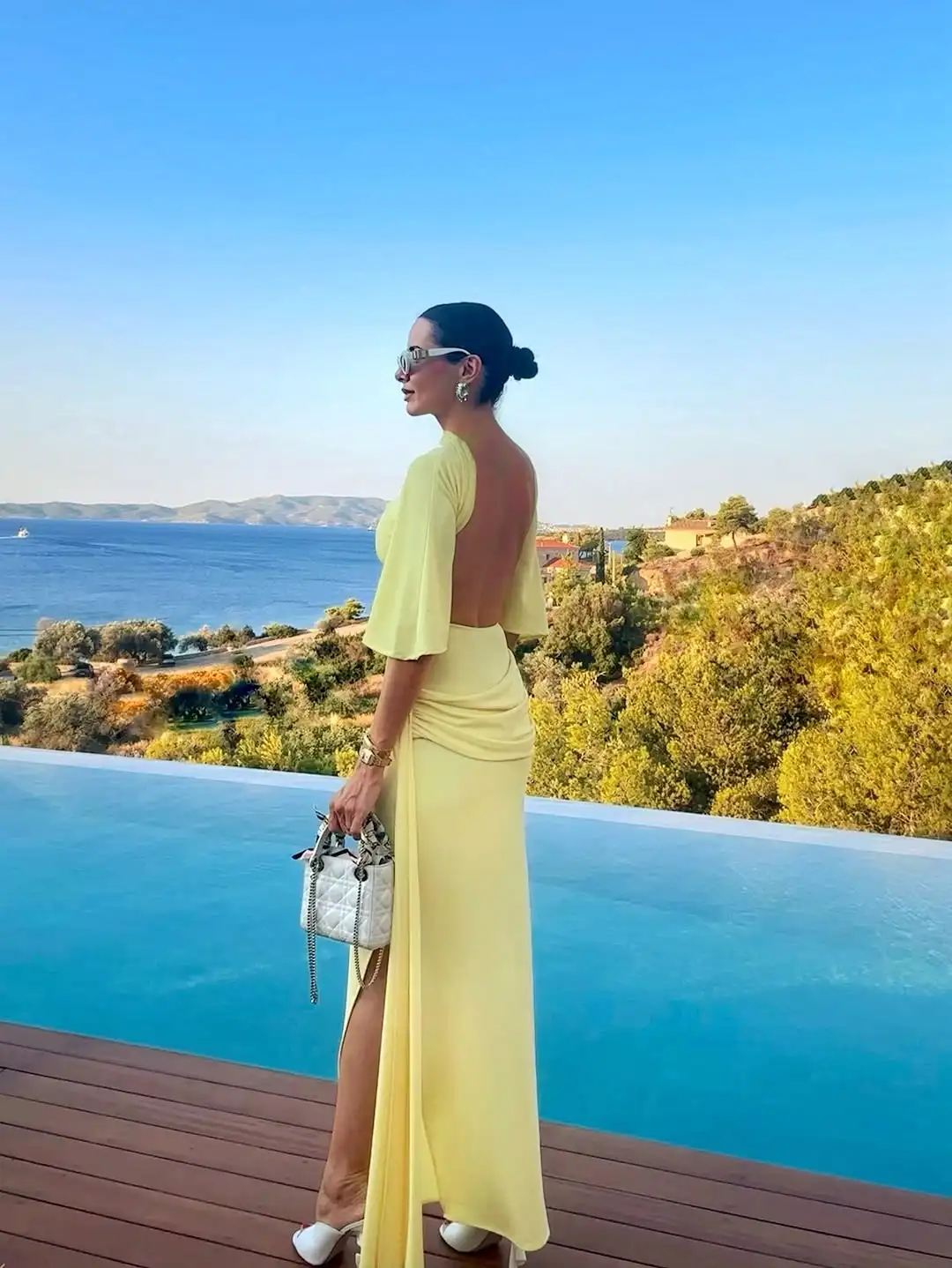 Women's Solid Yellow Backless Maxi Dress, Elegant Split Slim Fit, Pleated Half Sleeve Long Dresses, High Street Summer