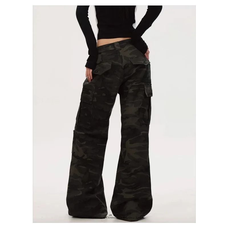 Womens Wide Leg Cargo Jeans Casual High Waist Cargo Pants Multi Pocket Relaxed Fit Denim Trousers