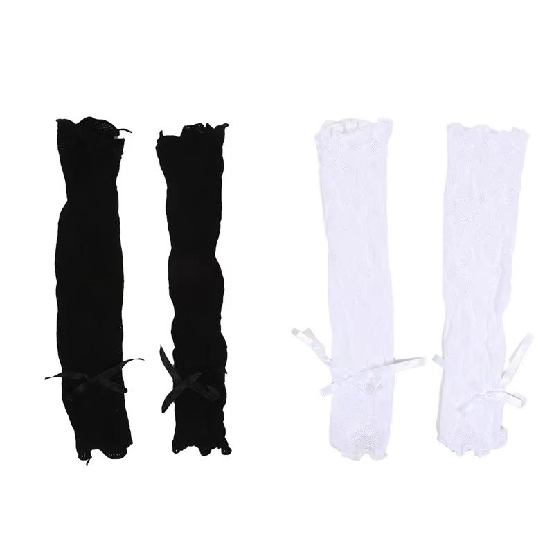 RuffleDream Mesh Lace Y2K Fingerless Gloves – Kawaii Bowknot Wrist Warmers (Black & White)