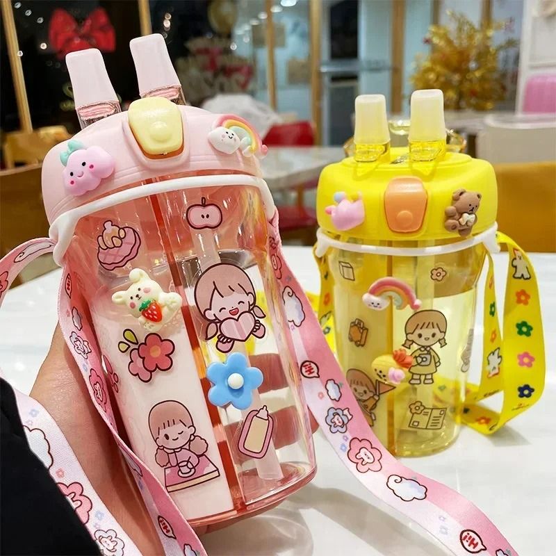 Kids Water Bottle with Double Straw Leak Proof Cute Plastic Bottle 430ml