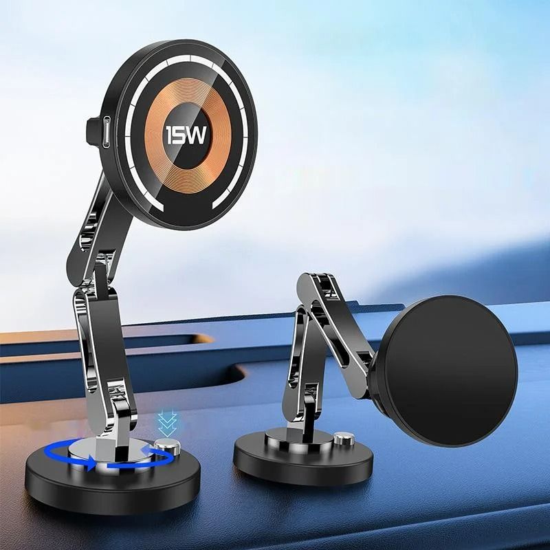 15W Magnetic Car Wireless Charger – 360° Rotating Metal Foldable Stand for iPhone 15, 14, 13, 12 & Samsung