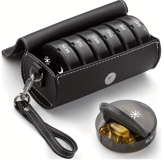 Weekly AM PM Pill Organizer with Leather Travel Case