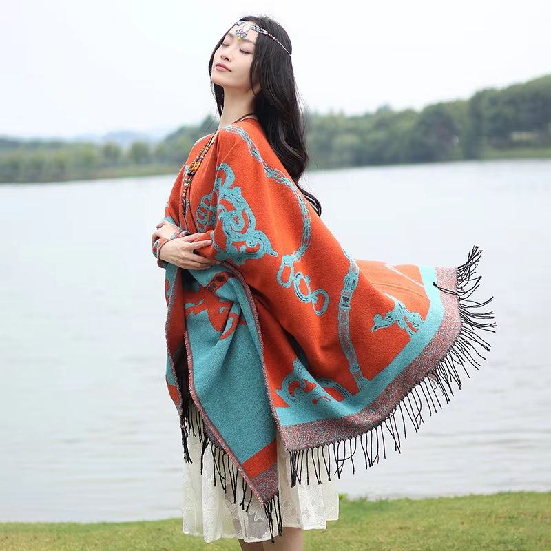 Luxury Jacquard Cashmere Poncho Cape, Thick Unisex Travel Shawl Wrap
