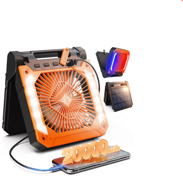 20000mAh Portable Camping Fan with LED Light – Solar & USB Rechargeable Outdoor Cooling Fan