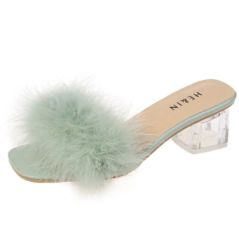 Sexy Faux Fox Fur Square Toe Pumps – Elegant Chunky Heel Summer Slippers