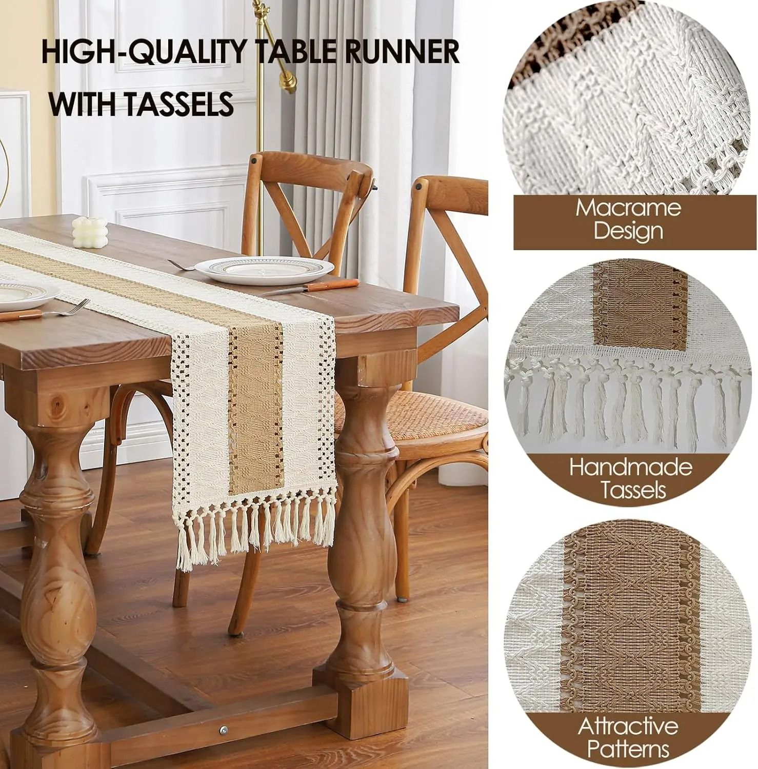 Rustic Boho Farmhouse Linen Table Runner with Tassels