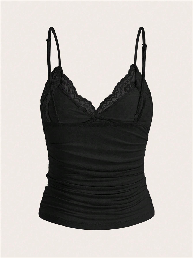 Sexy Contrast Lace Bow Front Cami Top, Women Summer Grunge, Punk Y2K Clothes, Ruched Skinny Backless Tee Shirt