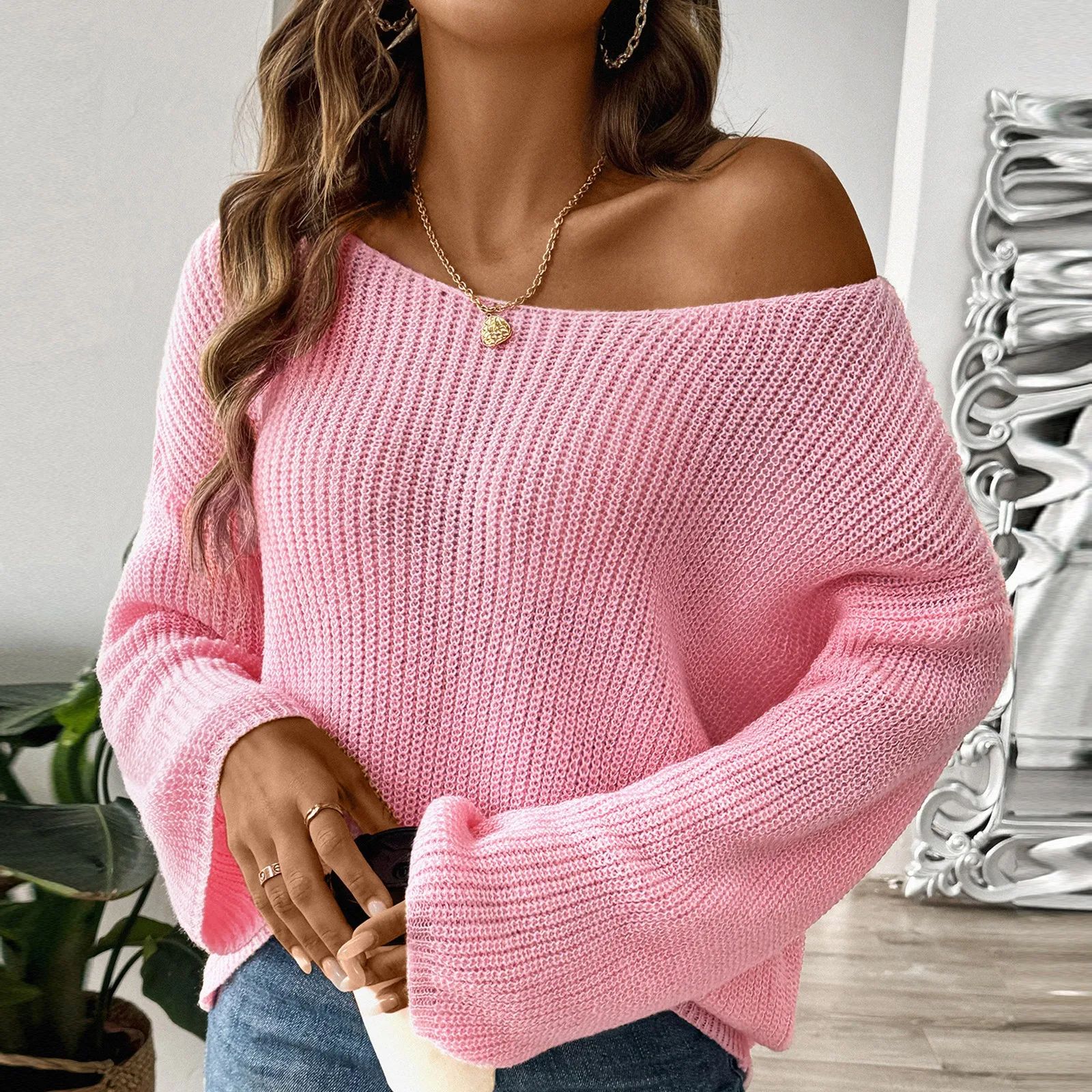Chic Womens Off Shoulder Sweater with Flare Sleeves - Loose Knit Pullover Top