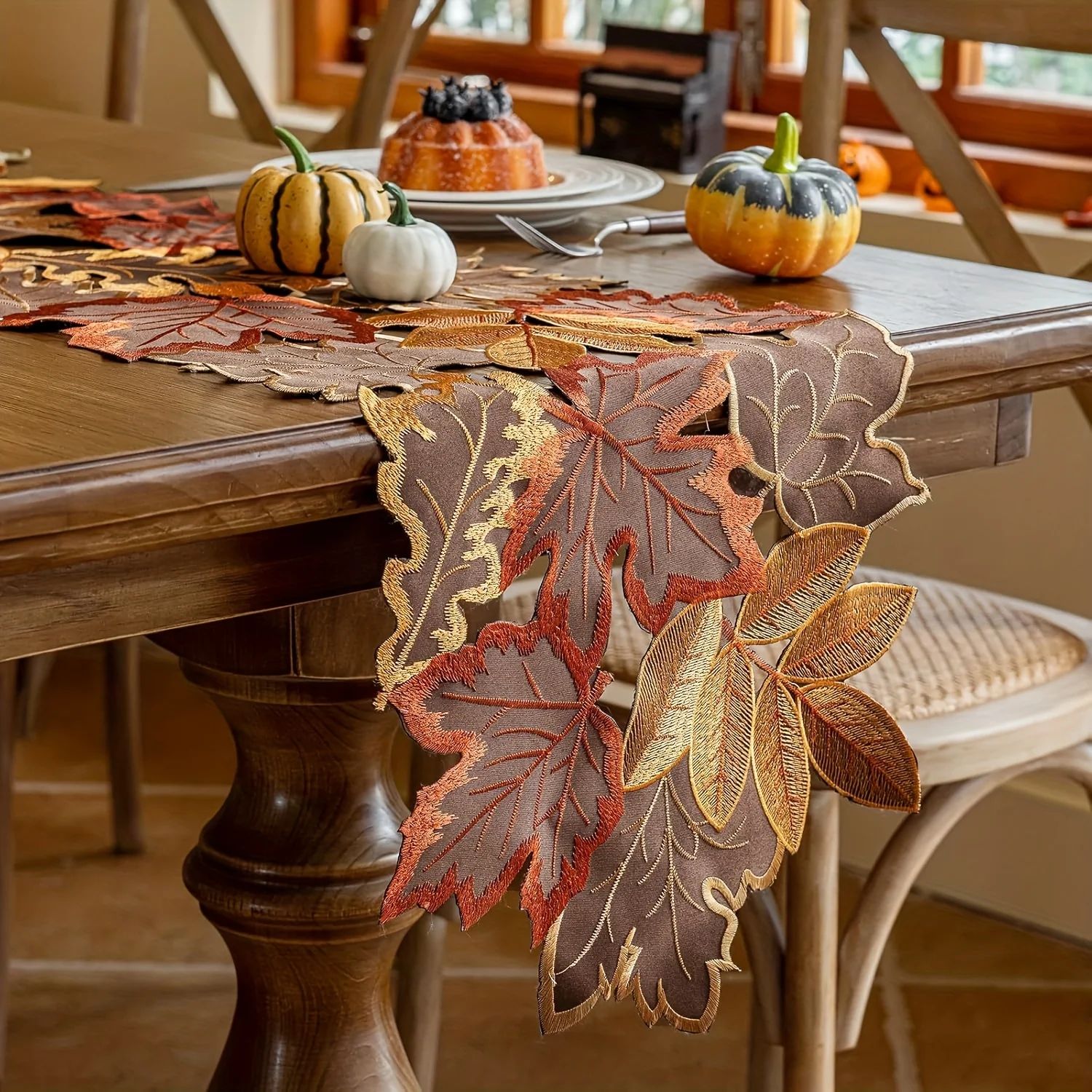 Autumn Maple Leaf Embroidered Table Runner Rustic Farmhouse Fall Decor