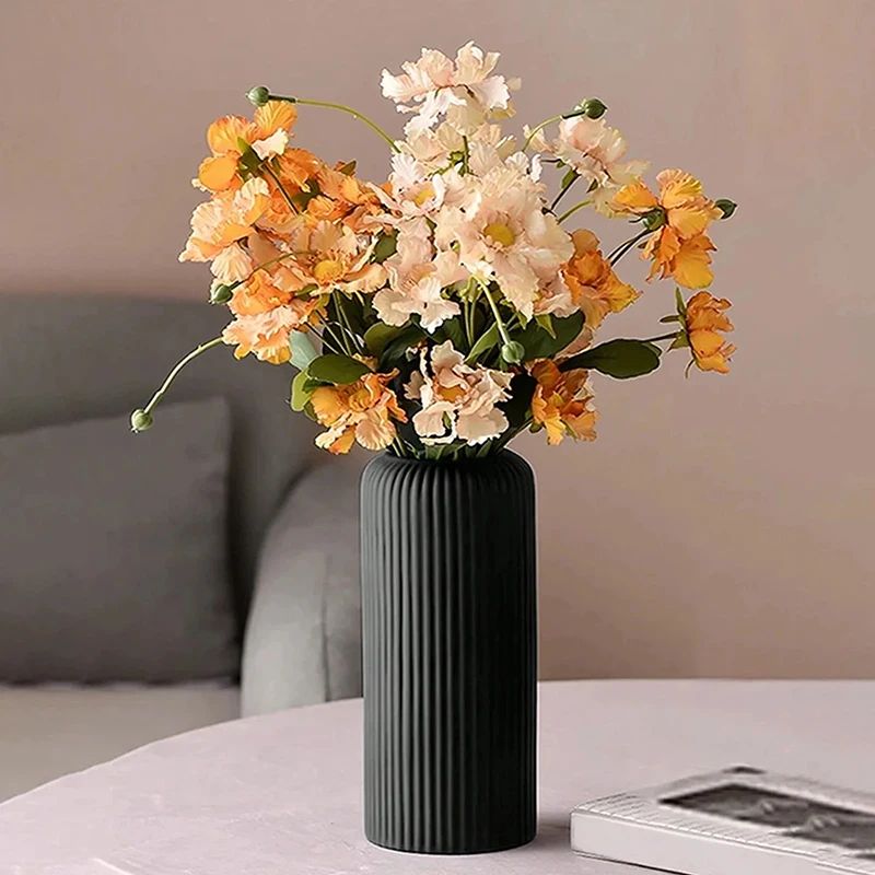 Striped Ceramic-Look Decorative Flower Vase for Modern Home Decor