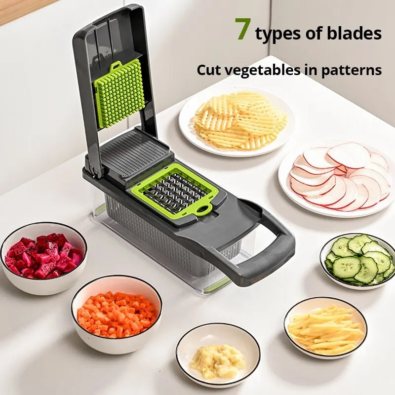 12-in-1 Vegetable Slicer Cutter with Basket - Green/Black